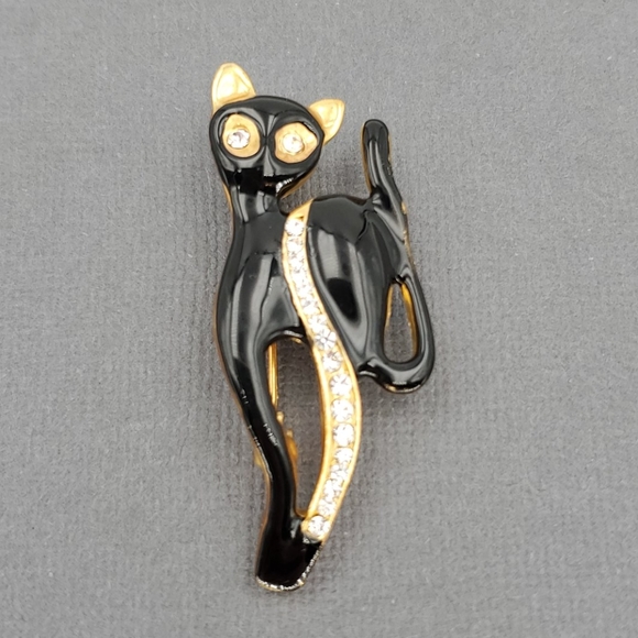 Black Enamel & Rhinestone Cat Brooch - Picture 2 of 5